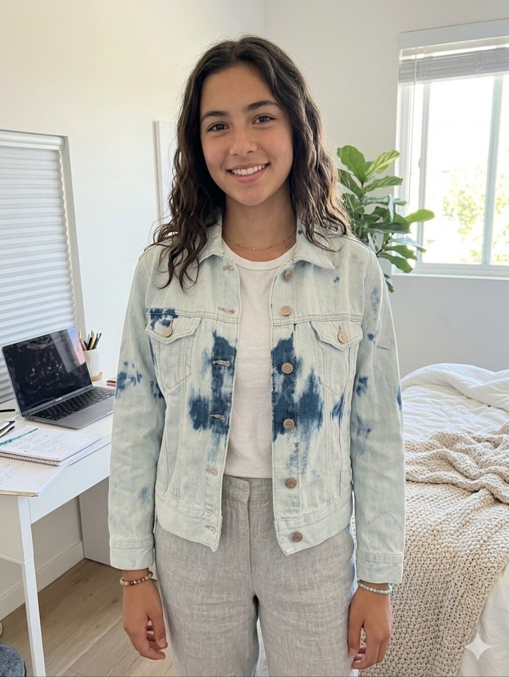 GAP Light Blue Tie-Dye Denim Jacket with Dark Blue Accents Size XS